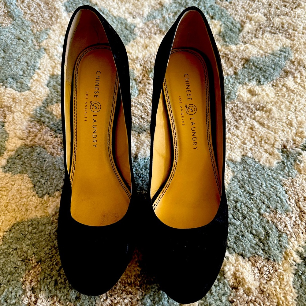 Chinese Laundry black suede 4” platform heels. Worn once- like new. Beautiful